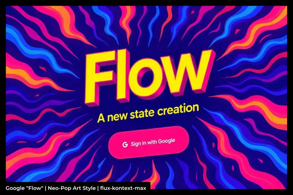 Bold, vibrant illustration with the word 'Flow', the phrase 'A new state creation', and a 'Sign in with Google' button over abstract yellow, pink, blue, orange, and purple waves.