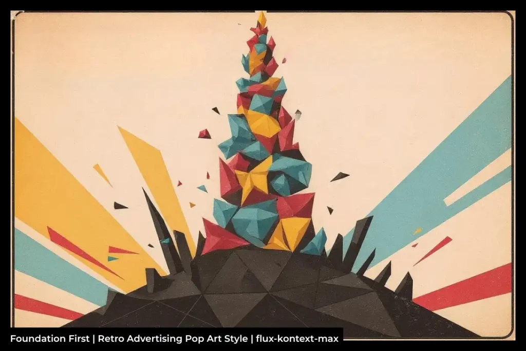 Abstract geometric illustration with red, yellow, blue, and black spiky mountain-like shapes and the text 'Foundation First | Retro Advertising Pop Art Style | flux-kontext-max'.