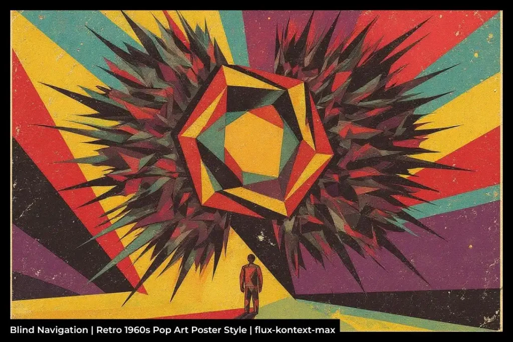 Person standing among colourful geometric shapes with spikes, in a retro 1960s pop art style. Text reads: Blind Navigation.