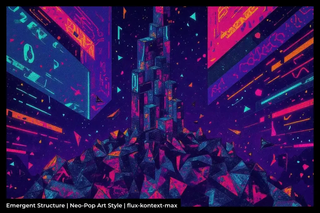 Abstract neon geometric pyramids and blocks in purple, pink, and blue forming a futuristic cityscape. On-image text reads: Emergent Structure | Neo-Pop Art Style | flux-kontext-max.