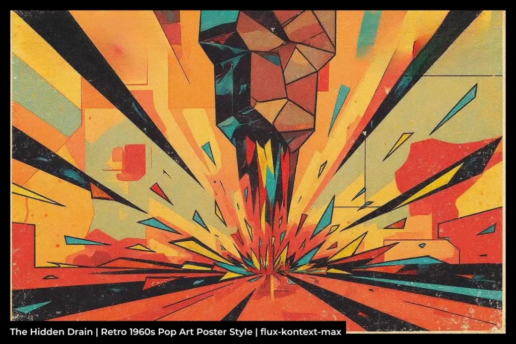 Abstract retro-style illustration of colourful geometric shards shattering, with the headline 'The Hidden Drain' in bold text.