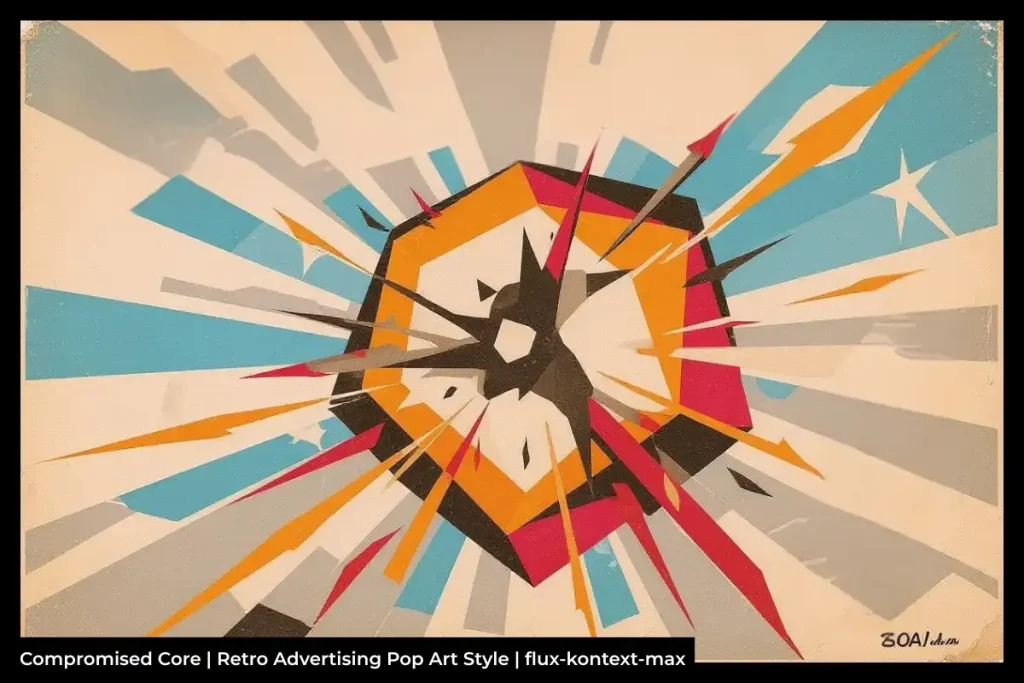 Retro geometric illustration of an orange, blue, and red starburst explosion with angular shapes and the text 'BOA / do.m'.