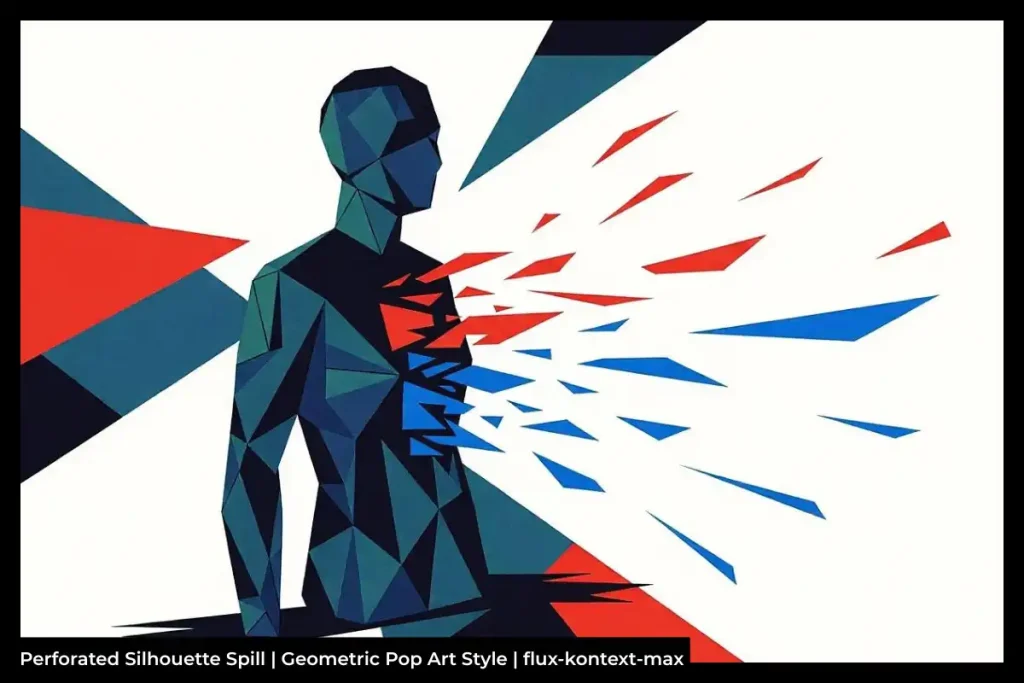 Abstract geometric illustration of a black silhouette with blue and red shapes spilling from it, pop art style, with the text 'Perforated Silhouette Spill' visible.