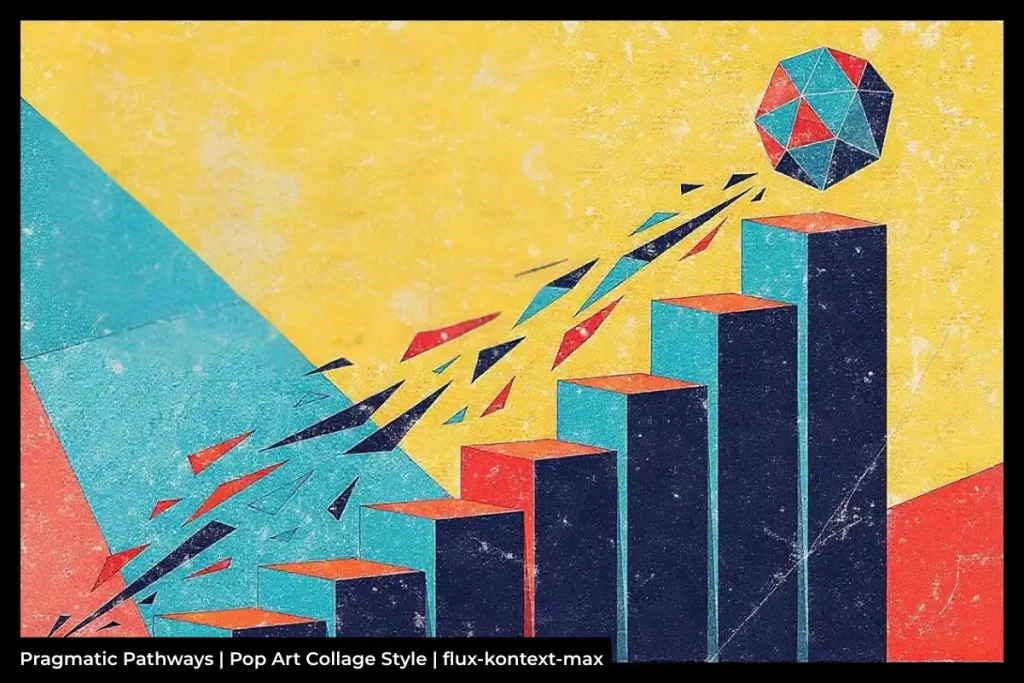 Geometric, colourful illustration of a sphere breaking into bars and fragments with red, blue, yellow, and black textures. Text reads: 'Pragmatic Pathways | Pop Art Collage Style | flux-kontext-max'.