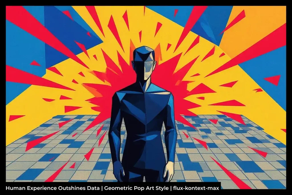 Person standing in front of a geometric, checkerboard pop art background in blue, red, and yellow with the text 'Human Experience Outshines Data'.