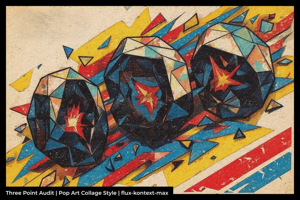 Abstract pop art collage featuring colourful geometric shards, glasses, and the text 'Three Point Audit' in bold style.