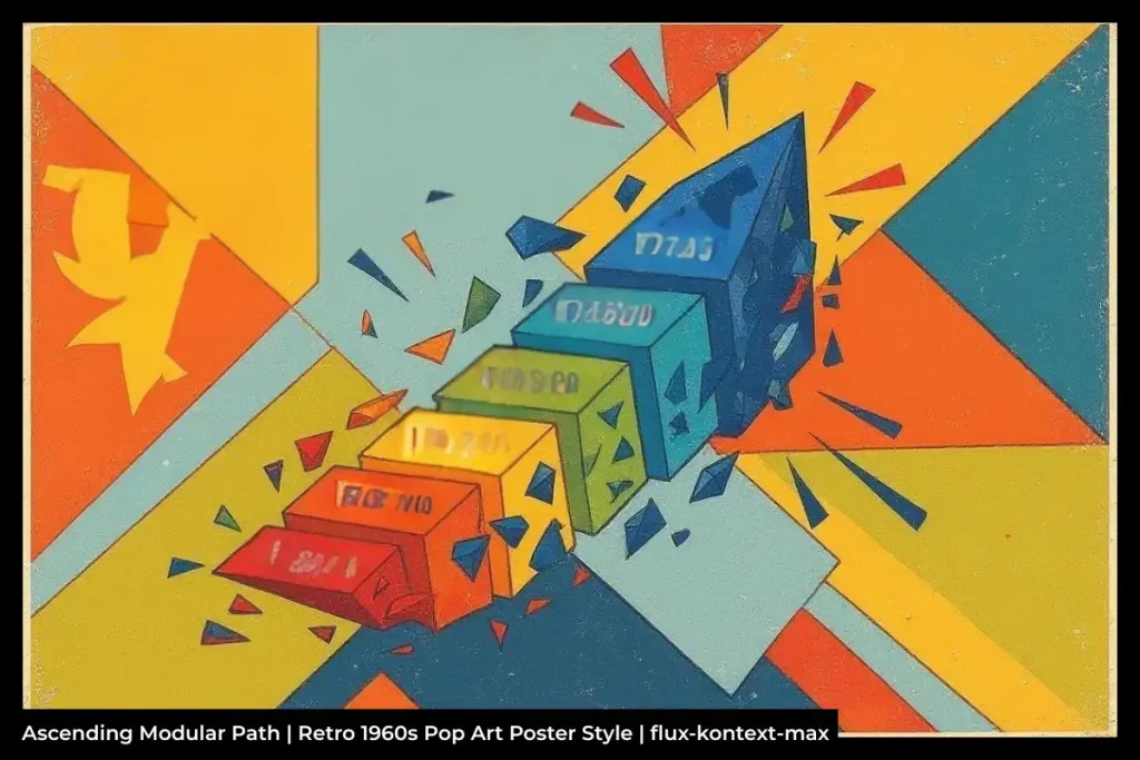 Colourful geometric blocks and shards in red, blue, yellow, green, and orange, arranged in an ascending, exploding pattern. The text 'BC 710' appears within the illustration.