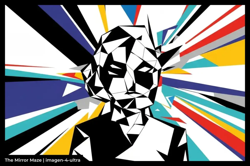 Abstract illustration of a person surrounded by colourful geometric shapes and lines, with the text 'The Mirror Maze' visible.