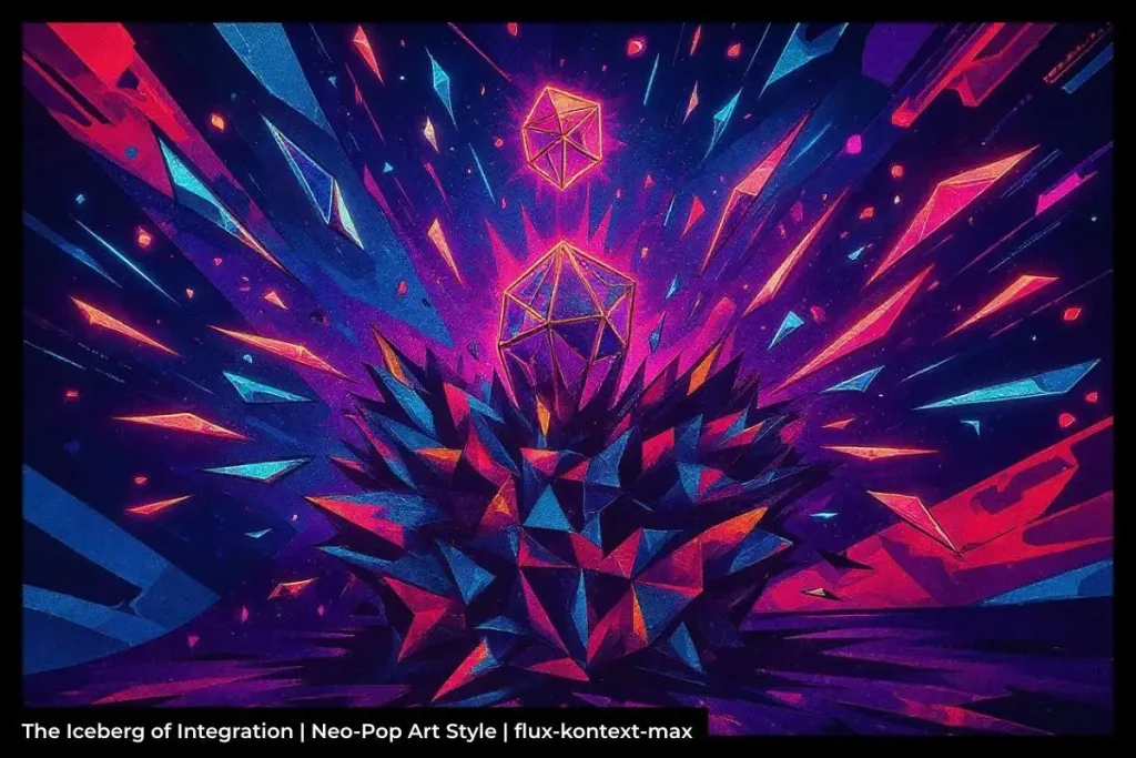 Polygonal neon iceberg with geometric shards exploding in purple, blue, pink, and orange hues. Text reads: The Iceberg of Integration.