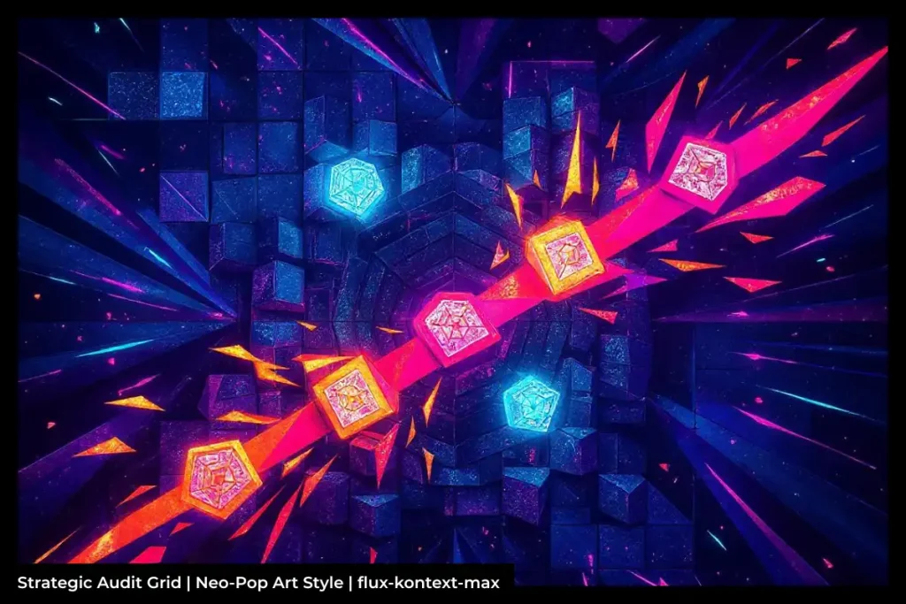 Abstract neon geometric shapes including cubes and hexagons radiate blue, pink, and orange light in a dark digital grid. Text reads: Strategic Audit Grid.