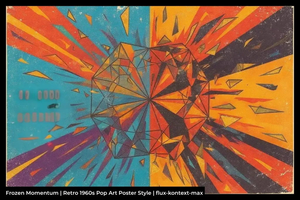 Geometric blue, orange, red, and yellow crystal shards exploding in a symmetrical, textured illustration.