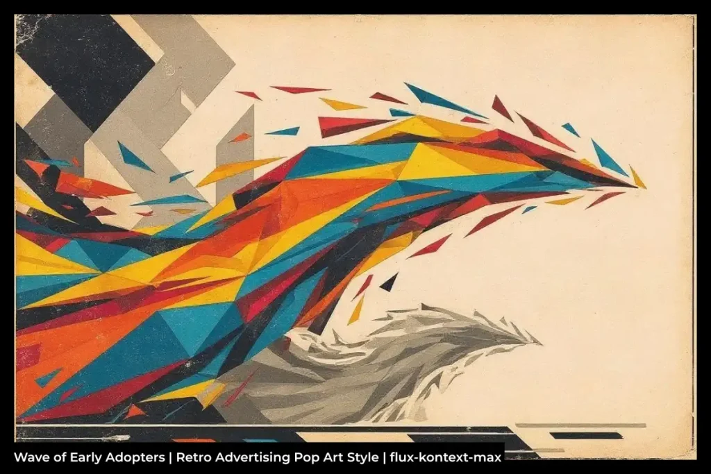 Colourful abstract illustration with geometric wave and triangles in beige, red, yellow, blue, and gray. Text reads: Wave of Early Adopters.