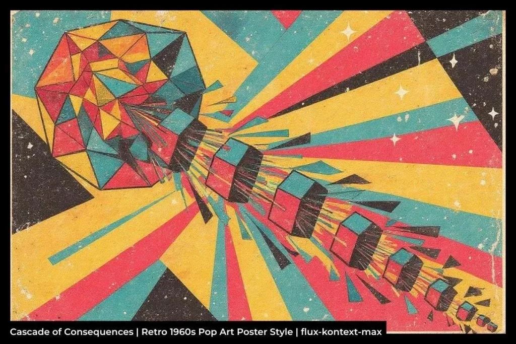 Illustration of radiating geometric shapes, stars, and cubes in red, yellow, and cyan colours against a black, textured vintage backdrop, representing outer space.